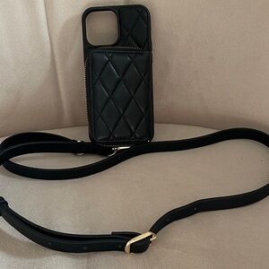 Black Quilted Crossbody Phone Case with Zipper Pocket